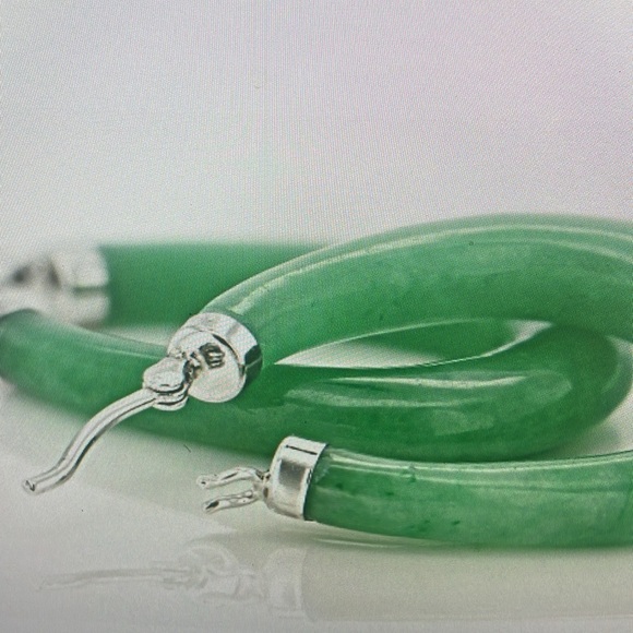 Jadeite silver hoop earrings saddle backings approximately 17/16” L x 3/16 W - Picture 2 of 3